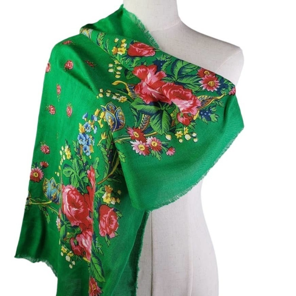 Vintage Challis Square Scarf Green Pink Floral